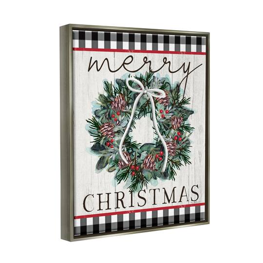 Stupell Industries Merry Christmas Tartan Wreath Framed Floater Canvas Wall Art